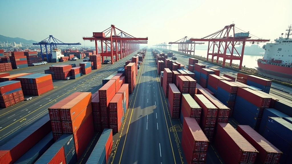 Luftaufnahme eines großen Hafens mit Containerlagern und Transportfahrzeugen