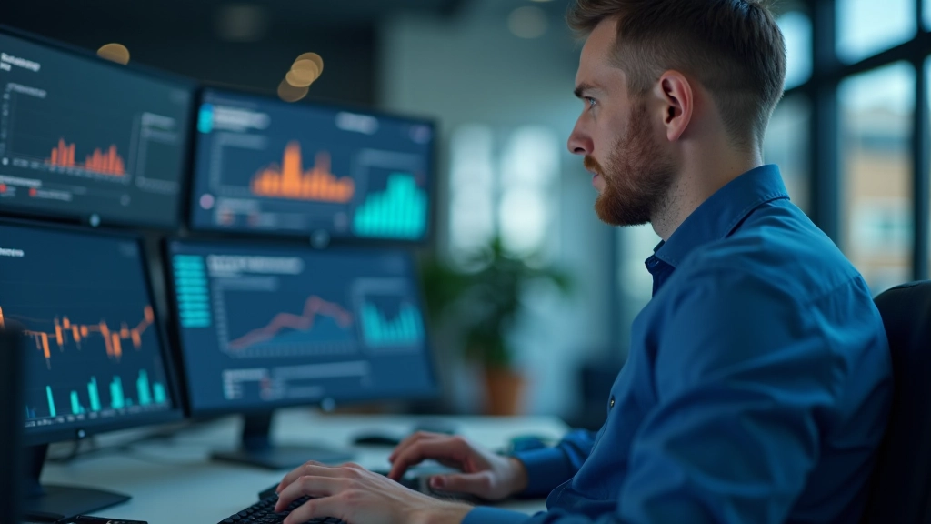 Geschäftsperson analysiert Diagramme und Daten auf mehreren Monitoren im modernen Büroumfeld