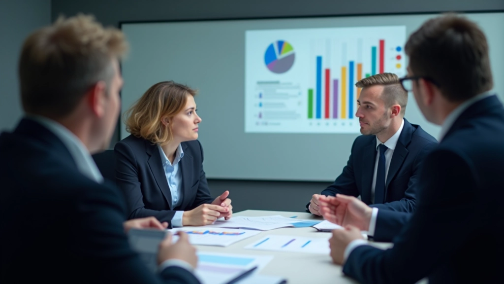 Geschäftsmänner und -frauen in einem Konferenzraum bei einer Diskussion über wirtschaftliche Daten
