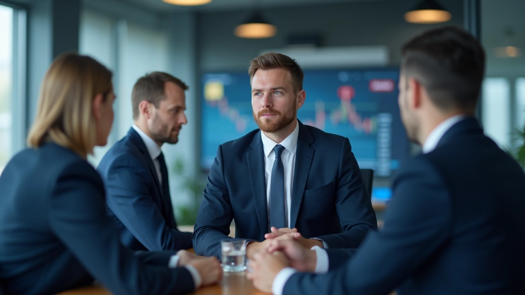 Geschäftsleute in einem modernen Konferenzraum bei der Besprechung von Marktdaten und Finanzberichten auf einem großen Display