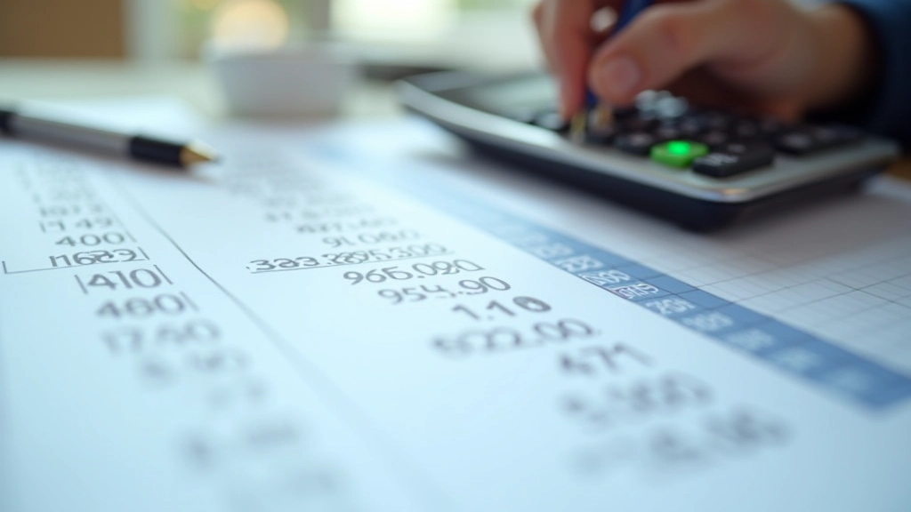 Nahaufnahme von Taschenrechner und Finanzberechnungen mit Stift auf Papier mit Zahlen und Diagrammen
