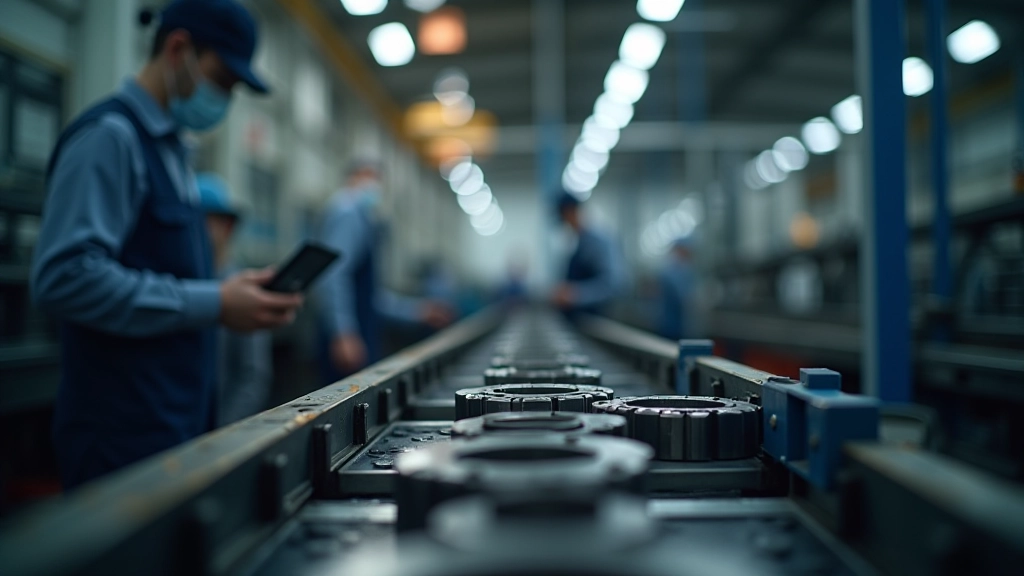 Nahaufnahme von Stahlteilen und Metallkomponenten auf Produktionslinie in Fabrik