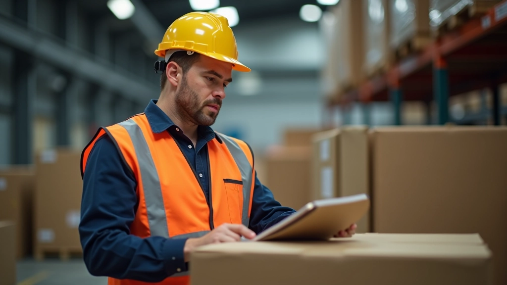 Fabrikarbeiter überprüft Rohstoffe in Lagerhalle mit organisierten Materialien