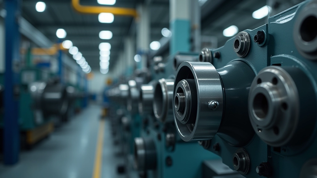 Nahaufnahme von Produktionsmaschinen in einer Fabrik mit technischen Komponenten