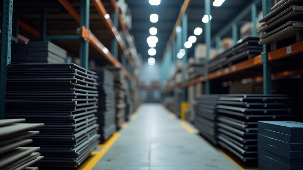 Rohstoffe und Materialien im Lager, Stahlrohre und Industriematerialien gestapelt in einer Fabrik