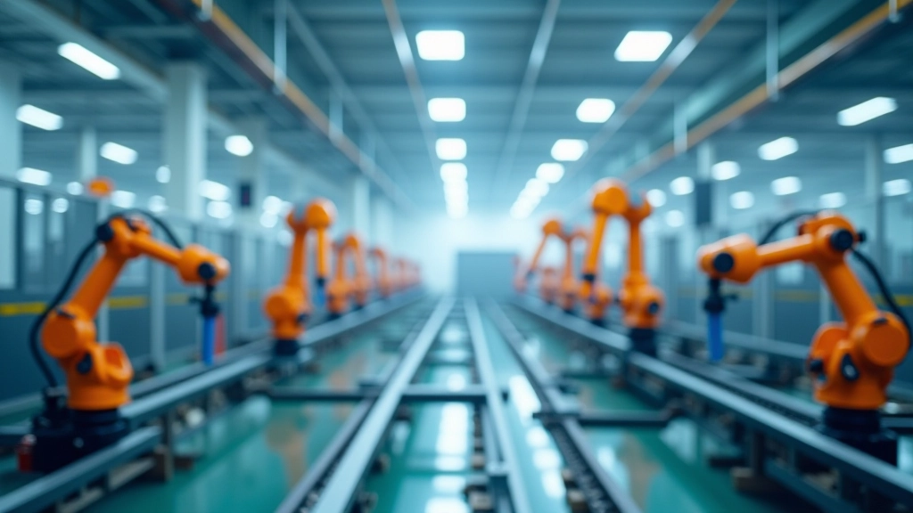 Moderne Fertigungsanlage mit automatisierten Robotern und LED-Beleuchtung in einer hochmodernen Fabrik