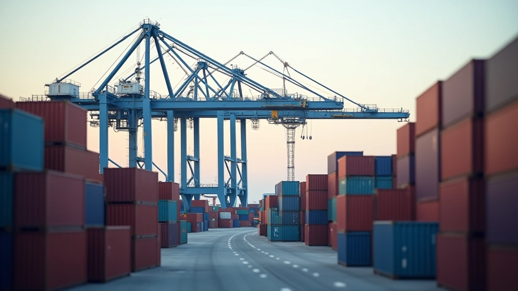 Containerterminal mit Kränen und automatisierten Lagersystemen, moderne Logistikinfrastruktur und Hafenlogistik