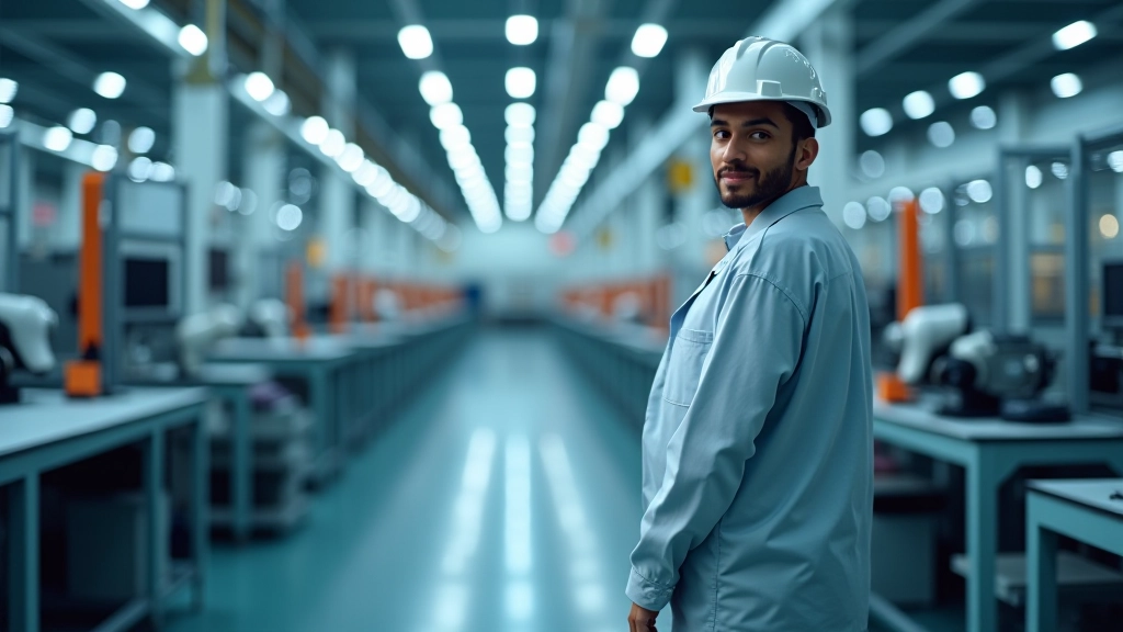 Fabrik mit Robotern und Automatisierung, moderne Fertigungsanlage mit Fließband und Roboterarm