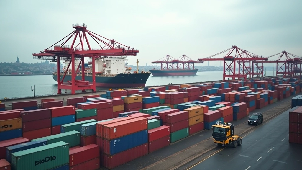 Hafengebiet mit Containerschiffen und Frachtumschlag, Logistik und Warenverkehr